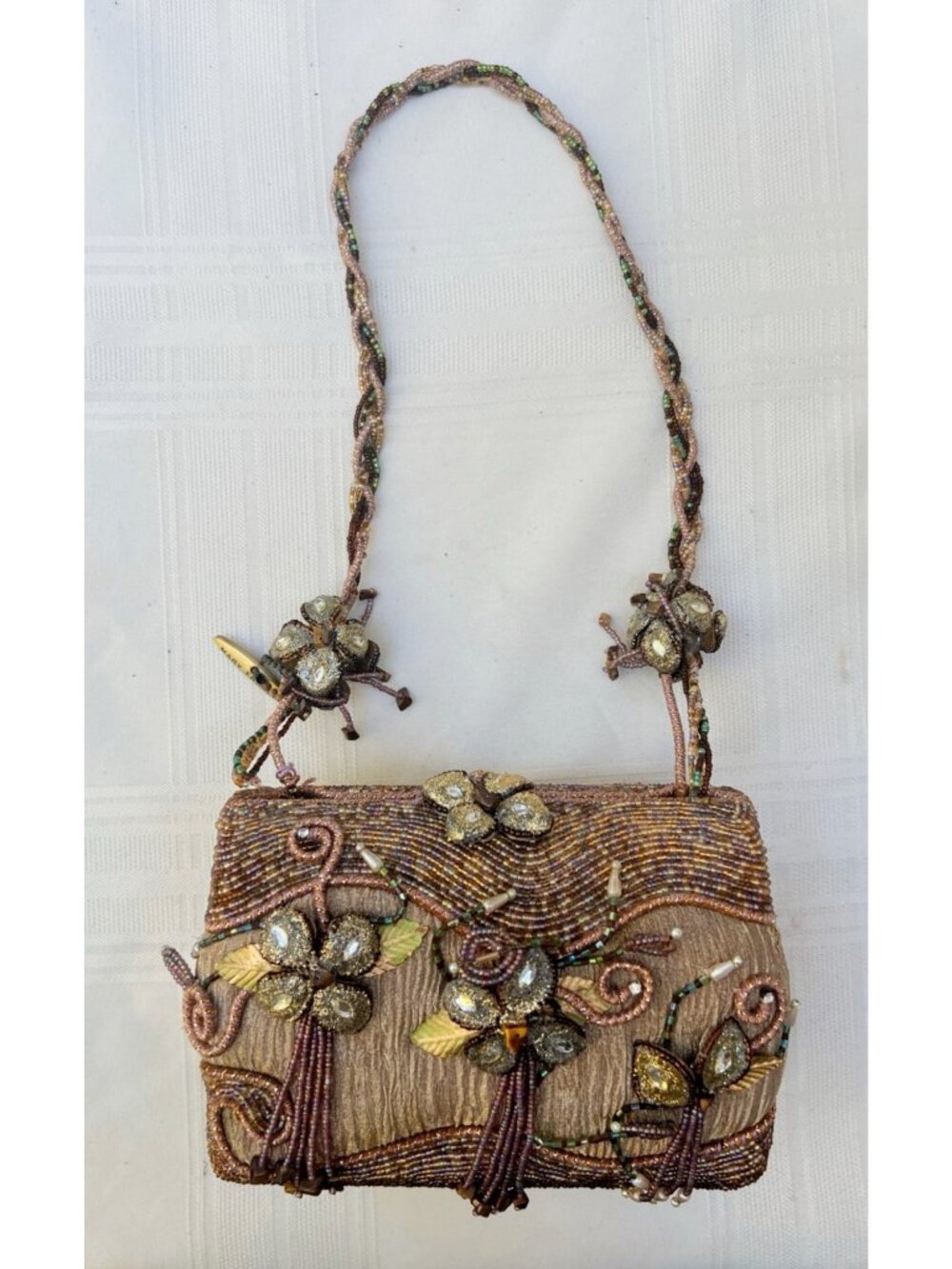 Mary Frances Handmade Embellished Floral Beaded Evening Bag With Braided Handle